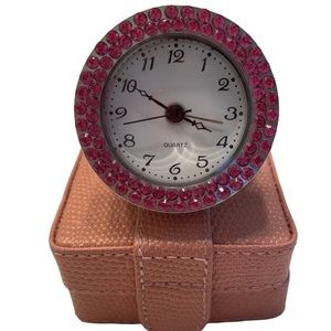 Travel-table Quartz Alarm Clock Swarovski /leather case Great Christmas